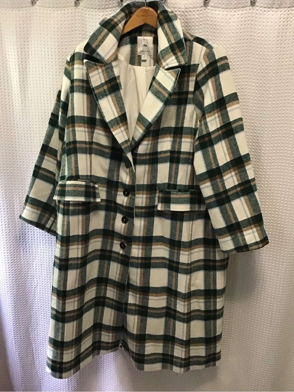 Plaid Wool-Blend Pea Coat in Cream, Green & Brown - Classic Tailored Fit